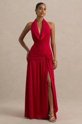 Mist | Red Plunge-Neck Maxi Dress With Sash Detail And Front High Split
