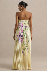 Bergamot | Lemon Rose Print Satin Sweetheart Maxi Dress