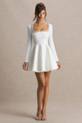 Astonish | White Long-Sleeve Embellished Mini Dress With Volume Skirt