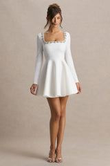 Astonish | White Long-Sleeve Embellished Mini Dress With Volume Skirt