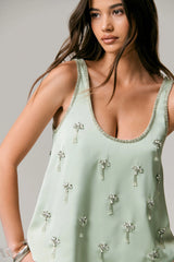 Arianna | Mint Satin Scoop-Neck Embellished Top