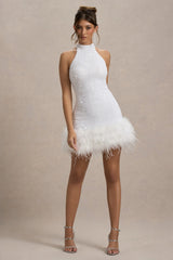 Lumi | White Sequin High-Neck Feather Trim Mini Dress
