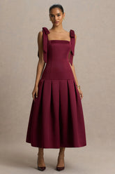 Alberta | Burgundy Satin Midi Dress With Bow Straps