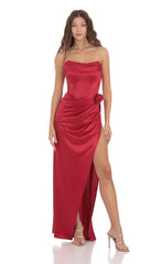 Flower Satin Draped Strapless Maxi Dress in Red