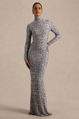 Galaxy | Silver Sequin Turtle-Neck Long-Sleeve Maxi Dress