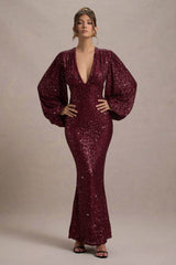 Kaelin | Berry Sequin Plunge-Neck Maxi Dress