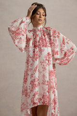 Delphia | Pink Porcelain Print High-Neck Maxi Dress With High-Low Hem