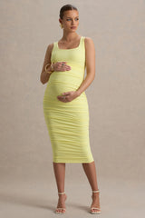Lisbon | Lemon Maternity Square Neck Ruched Midi Dress