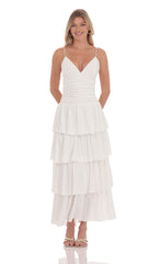 Ruched Ruffle Eyelet Maxi Dress in White