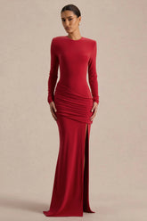 Liora | Red Crew-Neck Maxi Dress With Front-High Split