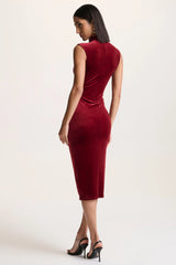 Nivina | Red Velvet High-Neck Midi Dress With Cap-Sleeves