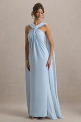 Ariana | Powder Blue Cross-Neck Maxi Dress With Cape