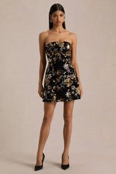 Valeri | Black Velvet Bandeau Mini Dress With Bronze Floral Sequin