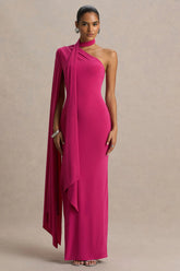Amal | Hot Pink Asymmetric-Neck Maxi Dress With Scarf and Cape Detail