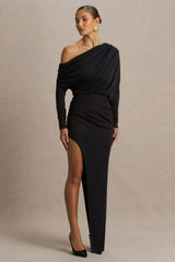 Olivia | Black Asymmetric-Neck Maxi Dress With Ruched Detailing And Front-High Split