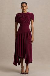Ione | Burgundy Wrapped Midi Dress With Hanky Hem