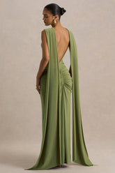 Premiere | Olive Boat-Neck Maxi Dress With Cape-Sleeves And Open-Back