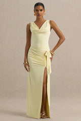 Pure Affection | Pale Lemon Cowl-Neck Maxi Dress With Ruched Detailing And Front High Split