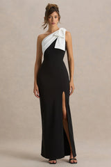 Kiri | Black & White One-Shoulder Bow Maxi Dress