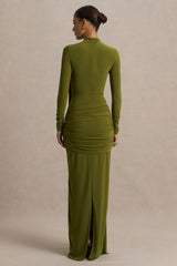 Melissa | Olive Long-Sleeve Wrap Maxi Dress With Ruched Detailing
