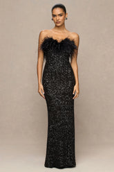 Daze | Black Sequin Bandeau Maxi Dress With Feather-Trim