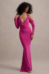Hurghada | Hot Pink Plunge-Neck Long-Sleeve Maxi Dress