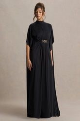 Olessia | Black Belted Gathered Cape-Sleeve Maxi Dress
