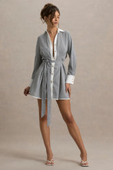 Beatriz | Grey Linen Pinstripe Mini Shirt Dress
