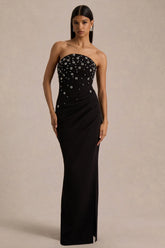 Saphira | Black Hand-Embellished Bandeau-Neck Maxi Dress