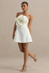Daffodil | White Bandeau Mini Dress With Large Floral Corsage