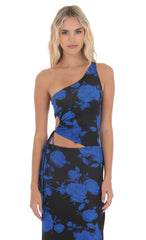 Floral One Shoulder Cutout Maxi Dress in Black and Blue