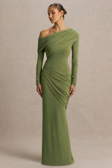 Perrie | Olive Asymmetric-Neck Maxi Dress With Ruched Detailing