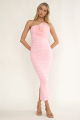 She Just Knows Ruched Flower Bust Maxi Dress Pink