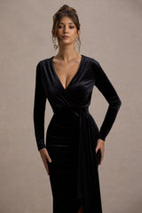 Arcadia | Black Velvet Plunge-Neck Wrap Midi Dress