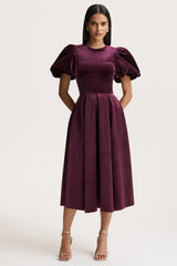 Seraphic | Burgundy Velvet Puff-Sleeve Midi Dress