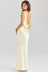 Buttermilk Satin Draped Cowl Neck Maxi Dress