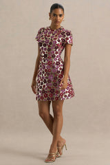 Eira | Pink Floral Sequin Crew-Neck Mini Dress