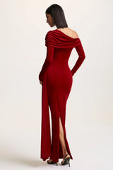 Hadria | Red Velvet Asymmetric-Neck Maxi Dress With Sash-Detail