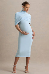 Augustina | Powder Blue Maternity Midi Dress With Cape