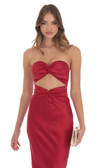 Satin Twist Cutout Maxi Dress in Red