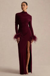 Gatsby | Burgundy High-Neck Maxi Dress With Feather Trim Cuffs