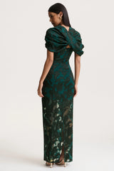 Hada | Dark Green Satin Devore Square-Neck Maxi Dress With Removable Twisted-Cape