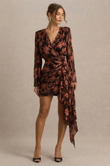 Lindsey | Black And Rust Plunge-Neck Wrap Mini Dress With Bell Sleeves And Sash Detail