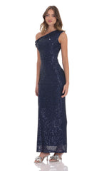 Sequin Off Shoulder Maxi Dress in Navy