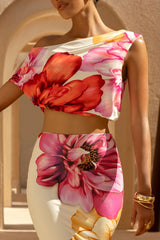Lia | Large Multi Floral Print Asymmetric Crop-Top