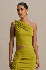 Bella | Green Asymmetric Top With Ruched Detail