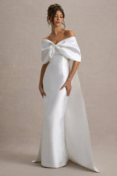 Wanting More | Off White Satin Cape Maxi Dress With Oversized Bow