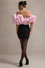 Macaron | Black Bardot Mini Dress With Pink Ruffle Trim