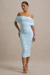 Rayleigh | Powder Blue Bardot Ruched Midi Dress