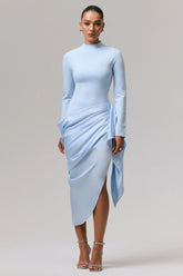 Raffie | Powder Blue Long-Sleeve Midi Dress With Satin Wrap Skirt